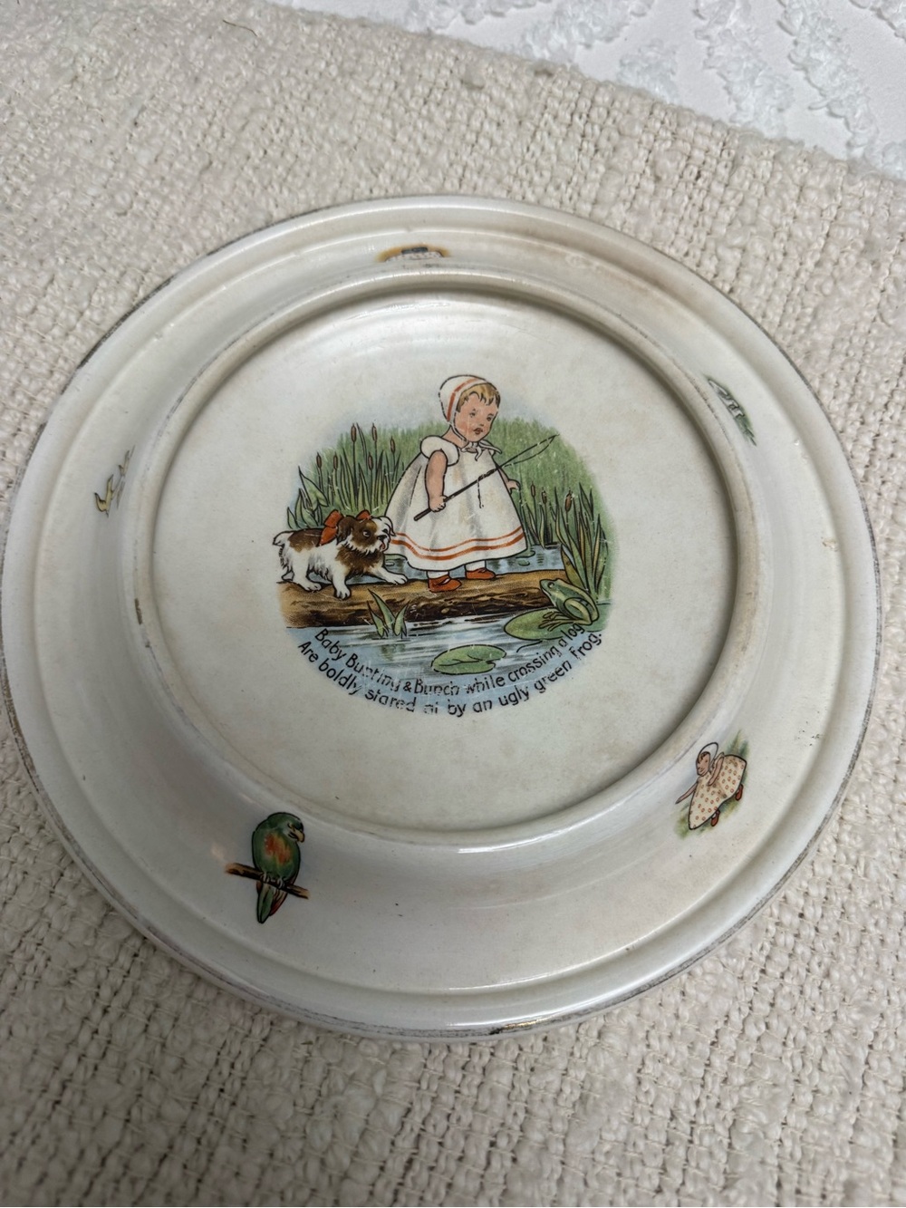 Vintage Royal Cream Decorative Nursery Plate with Girl and Dog Illustration